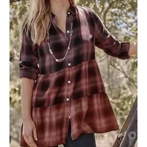J Jill Ombré Burgundy and Black Plaid Button-Down Tiered Flannel Shirt size L
